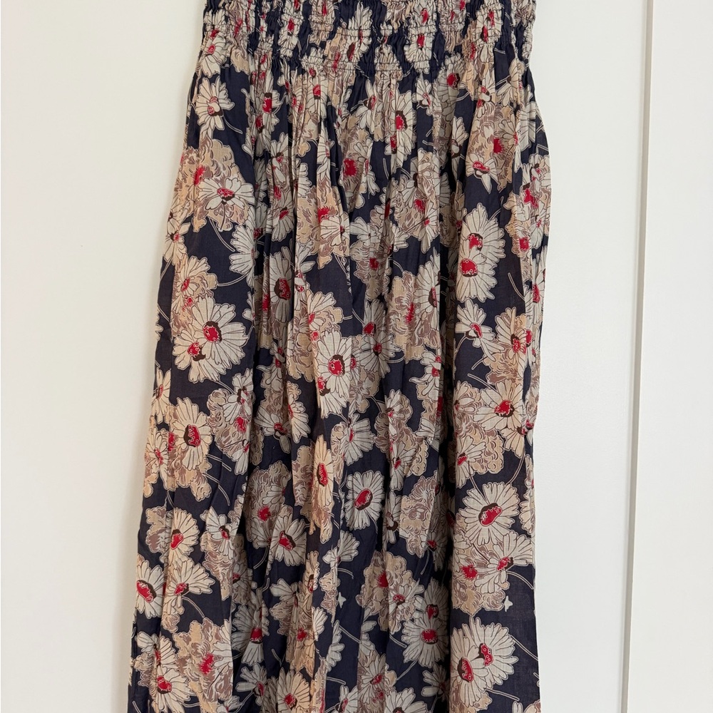 THE GREAT. Navy Maxi Skirt with Cream Floral Print and Red Accents